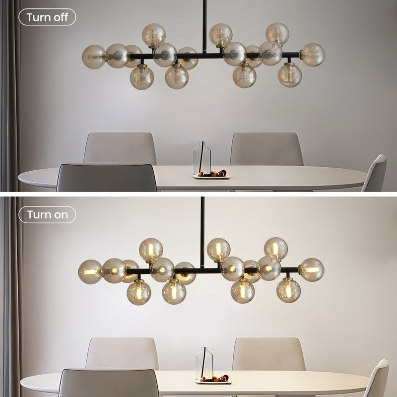 Luminaire suspendu linéaire à 16 lumières, style moderne du milieu du siècle, en laiton doré, avec globe en verre dépoli, 40 po, pour salle à manger.