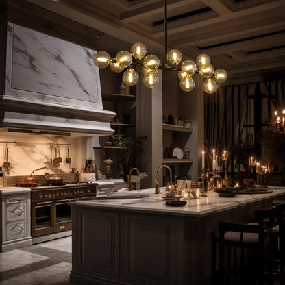 Luminaire suspendu linéaire à 16 lumières, style moderne du milieu du siècle, en laiton doré, avec globe en verre dépoli, 40 po, pour salle à manger.