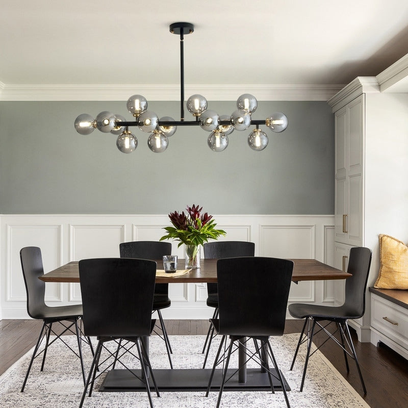 Luminaire suspendu linéaire à 16 lumières, style moderne du milieu du siècle, en laiton doré, avec globe en verre dépoli, 40 po, pour salle à manger.