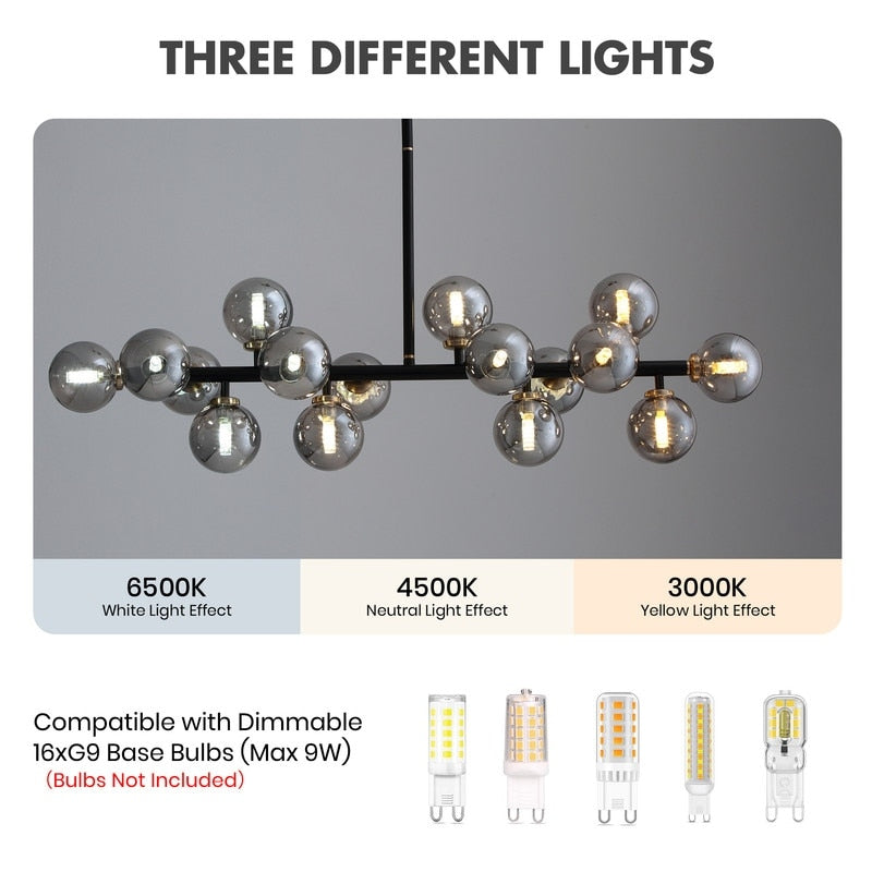 Luminaire suspendu linéaire à 16 lumières, style moderne du milieu du siècle, en laiton doré, avec globe en verre dépoli, 40 po, pour salle à manger.