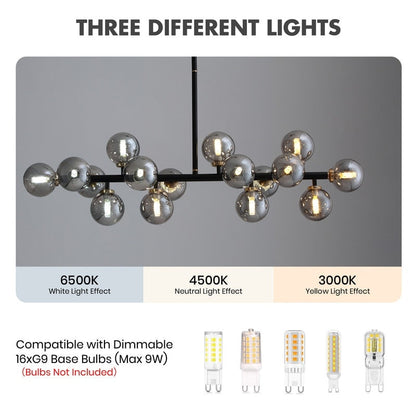 Luminaire suspendu linéaire à 16 lumières, style moderne du milieu du siècle, en laiton doré, avec globe en verre dépoli, 40 po, pour salle à manger.