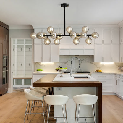 Luminaire suspendu linéaire à 16 lumières, style moderne du milieu du siècle, en laiton doré, avec globe en verre dépoli, 40 po, pour salle à manger.