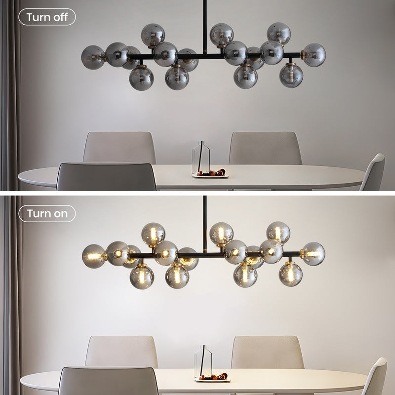 Luminaire suspendu linéaire à 16 lumières, style moderne du milieu du siècle, en laiton doré, avec globe en verre dépoli, 40 po, pour salle à manger.