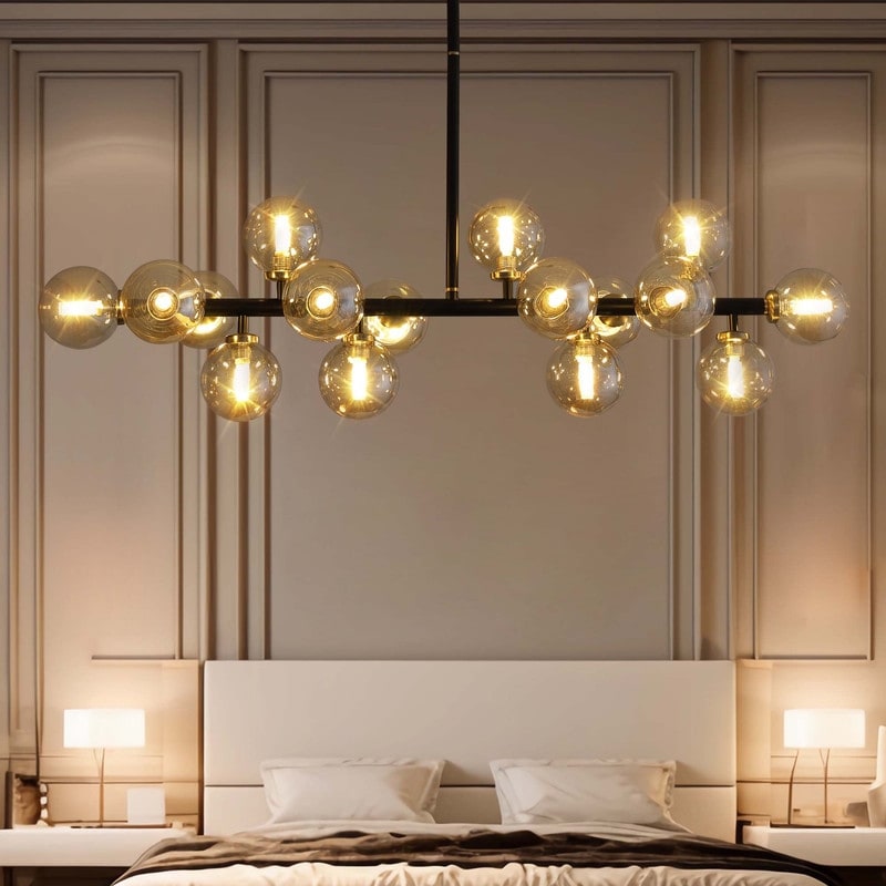 Luminaire suspendu linéaire à 16 lumières, style moderne du milieu du siècle, en laiton doré, avec globe en verre dépoli, 40 po, pour salle à manger.