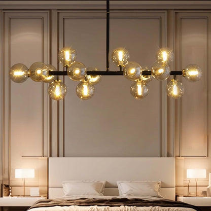 Luminaire suspendu linéaire à 16 lumières, style moderne du milieu du siècle, en laiton doré, avec globe en verre dépoli, 40 po, pour salle à manger.