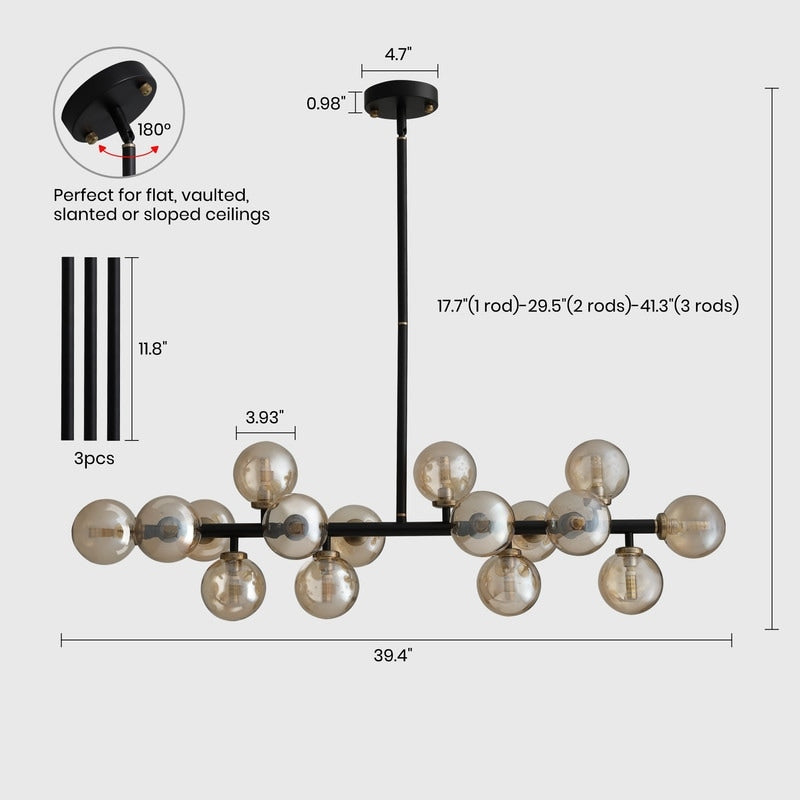 Luminaire suspendu linéaire à 16 lumières, style moderne du milieu du siècle, en laiton doré, avec globe en verre dépoli, 40 po, pour salle à manger.