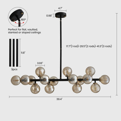 Luminaire suspendu linéaire à 16 lumières, style moderne du milieu du siècle, en laiton doré, avec globe en verre dépoli, 40 po, pour salle à manger.