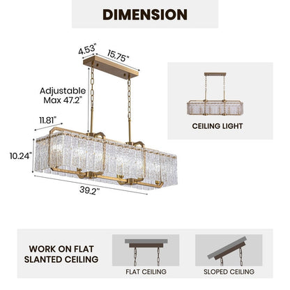 Luminaires suspendus modernes en cristal rectangulaires à 16 lumières, 40 pouces, dorés en laiton, pour salle à manger, salon, îlot de cuisine.