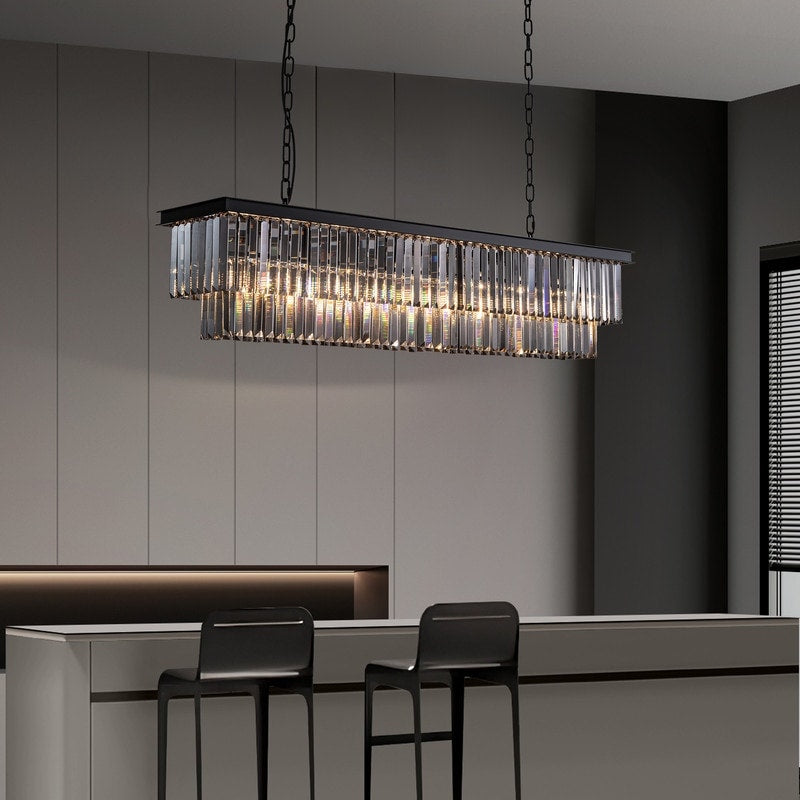 Luminaire suspendu à 2 niveaux pour îlot de cuisine, style moderne et contemporain, avec cristaux, gris fumé et noir, 47 po. Idéal pour salle à manger.