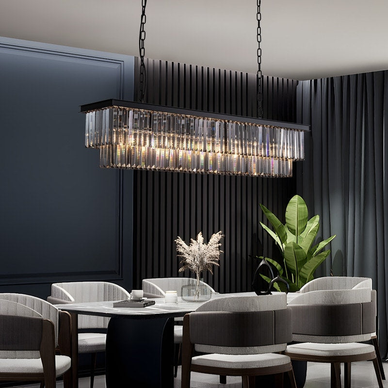 Luminaire suspendu à 2 niveaux pour îlot de cuisine, style moderne et contemporain, avec cristaux, gris fumé et noir, 47 po. Idéal pour salle à manger.