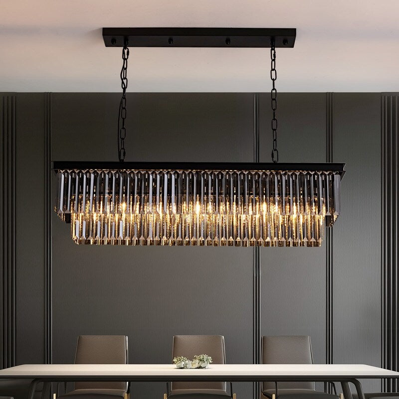 Luminaire suspendu à 2 niveaux pour îlot de cuisine, style moderne et contemporain, avec cristaux, gris fumé et noir, 47 po. Idéal pour salle à manger.