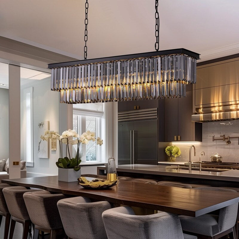 Luminaire suspendu à 2 niveaux pour îlot de cuisine, style moderne et contemporain, avec cristaux, gris fumé et noir, 47 po. Idéal pour salle à manger.