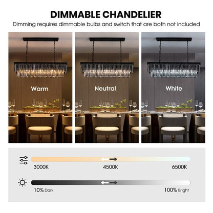Luminaire suspendu à 2 niveaux pour îlot de cuisine, style moderne et contemporain, avec cristaux, gris fumé et noir, 47 po. Idéal pour salle à manger.
