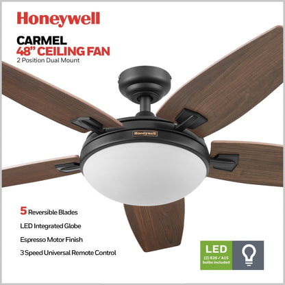 Ventilateur de plafond Honeywell Carmel 48 pouces avec éclairage intégré et télécommande