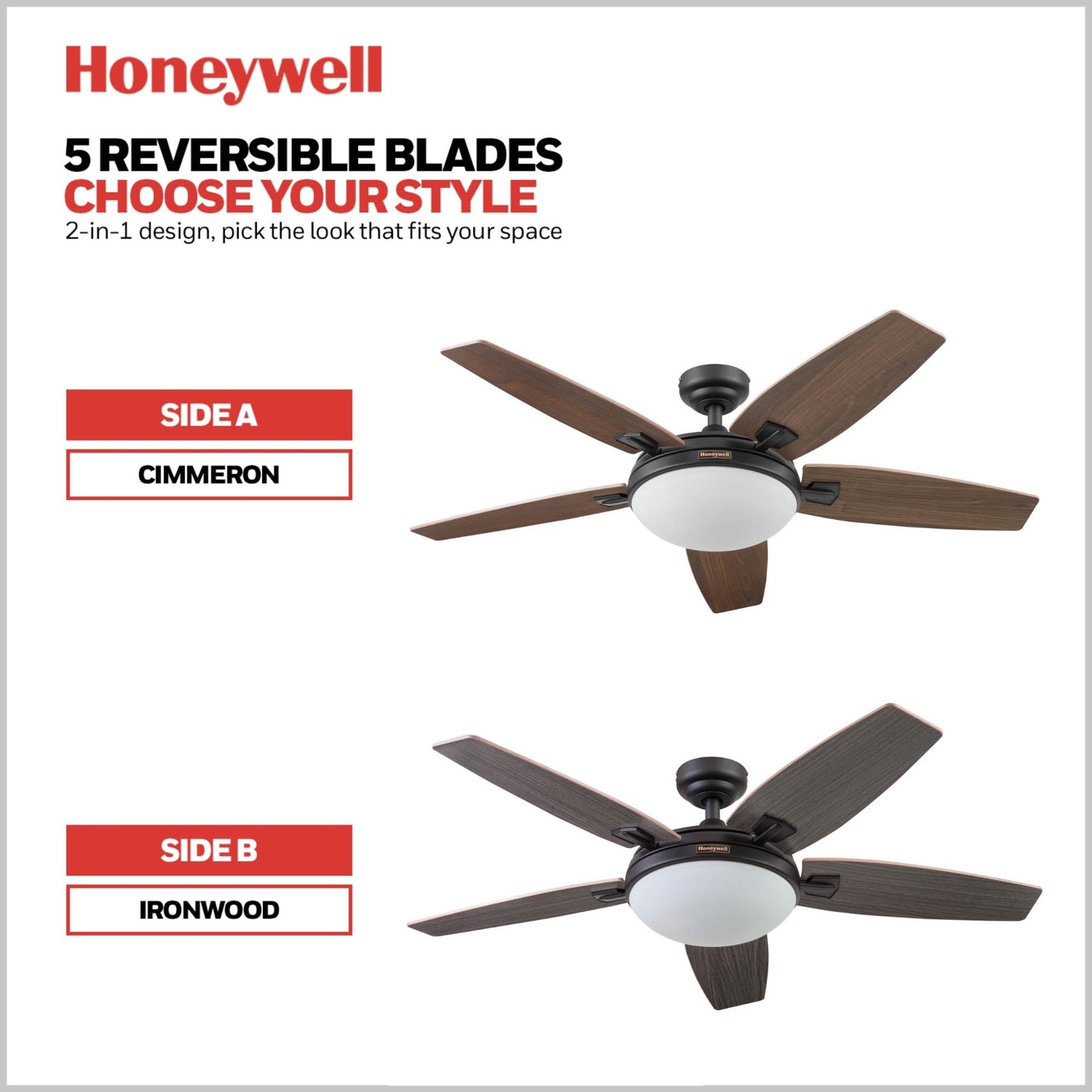 Ventilateur de plafond Honeywell Carmel 48 pouces avec éclairage intégré et télécommande