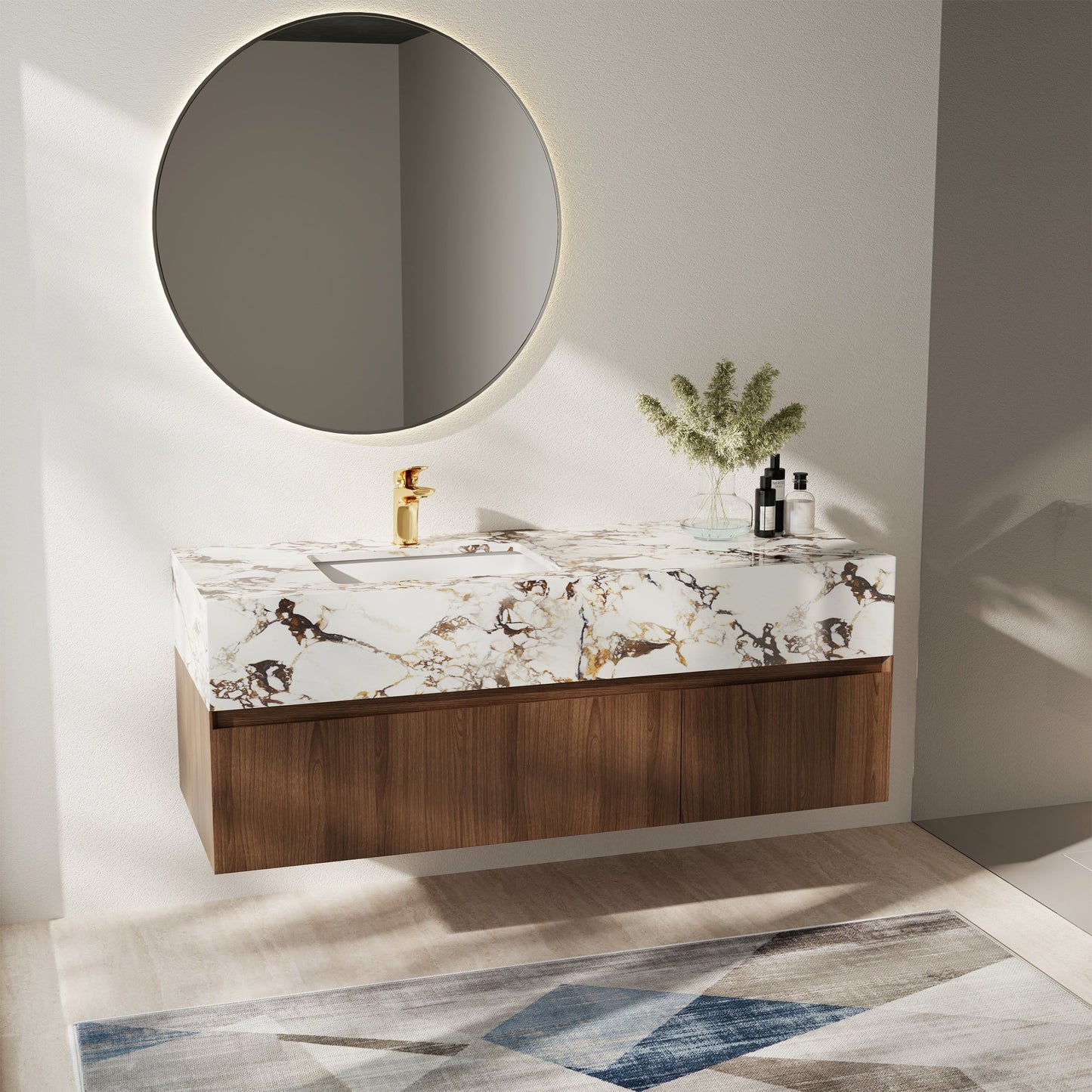 Meubles-lavabos de salle de bain modernes de 48 pouces, avec dessus en faux marbre brillant, en bois massif.