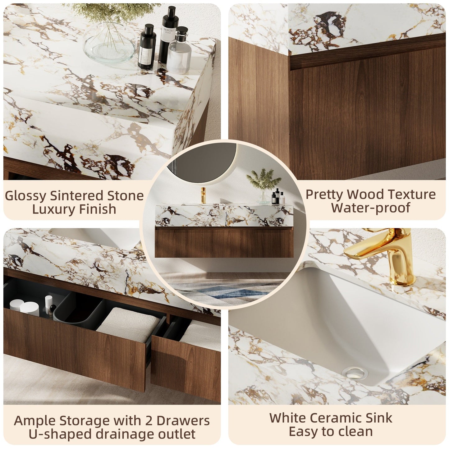 Meubles-lavabos de salle de bain modernes de 48 pouces, avec dessus en faux marbre brillant, en bois massif.