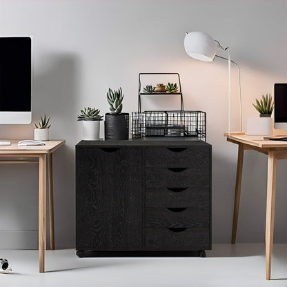 5-Drawer Wood Storage Dresser Cabinet with Wheels - Craft Organizer and Makeup Drawer Unit for Closet and Bedroom