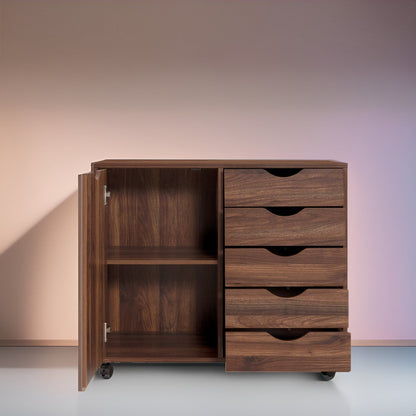 5-Drawer Wood Storage Dresser Cabinet with Wheels - Craft Organizer and Makeup Drawer Unit for Closet and Bedroom