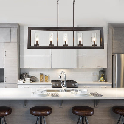 Suspension industrielle linéaire moderne à 5 lumières pour salle à manger, lustre cylindrique en verre transparent style farmhouse, éclairage pour îlot de cuisine
