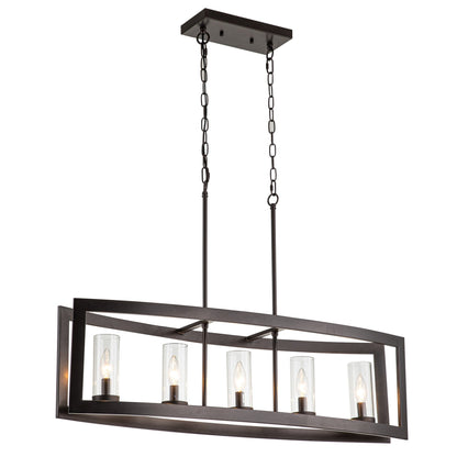 Suspension industrielle linéaire moderne à 5 lumières pour salle à manger, lustre cylindrique en verre transparent style farmhouse, éclairage pour îlot de cuisine