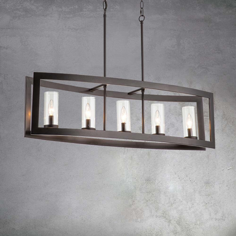 Suspension rectangulaire en verre vintage à 5 lumières, style industriel moderne du milieu du siècle, pour îlot de cuisine.