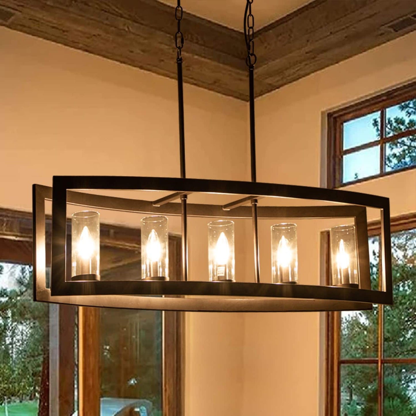 Suspension industrielle linéaire moderne à 5 lumières pour salle à manger, lustre cylindrique en verre transparent style farmhouse, éclairage pour îlot de cuisine