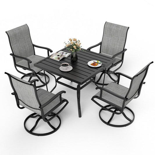 5-Piece Metal Outdoor Patio Dining Set with Square Table and Textilene Swivel Chairs