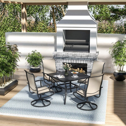 5-Piece Metal Outdoor Patio Dining Set with Square Table and Textilene Swivel Chairs