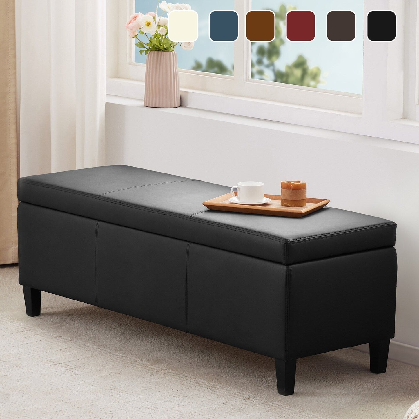 Ottoman rectangulaire de rangement recouvert de simili cuir - 50,3 x 17,50 x 18 pouces