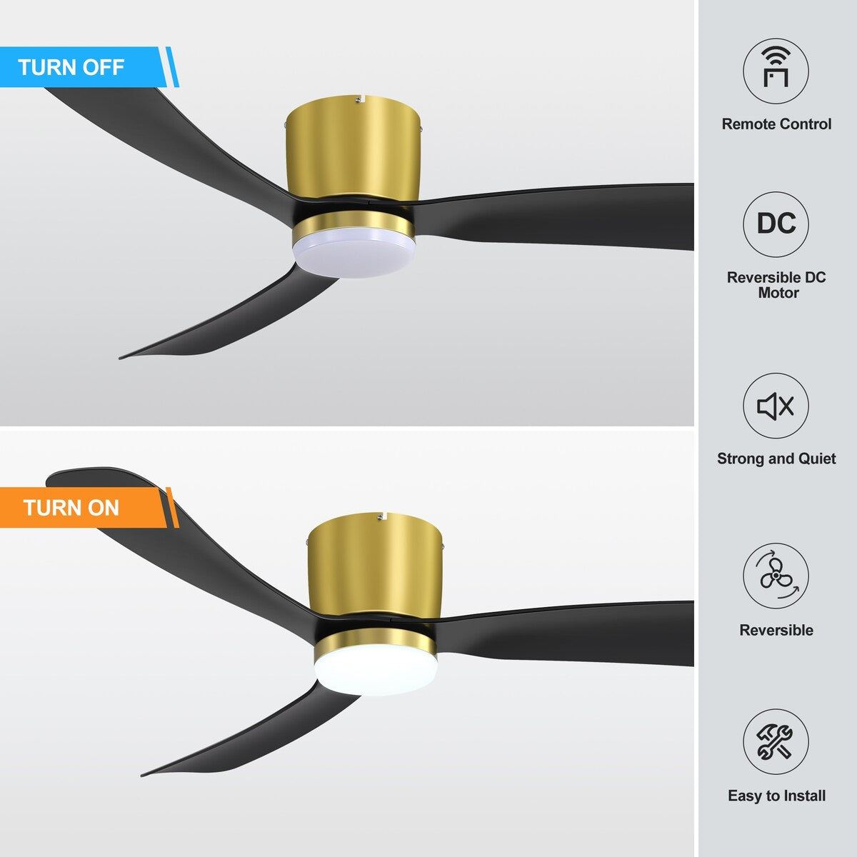 Ventilateur de plafond LED à encastrer de 52 pouces noir/blanc avec éclairage et télécommande (3 pales)