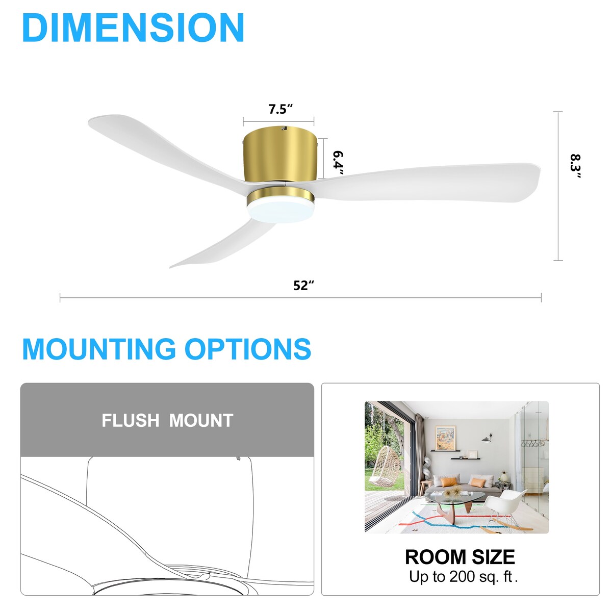 Ventilateur de plafond LED à encastrer de 52 pouces noir/blanc avec éclairage et télécommande (3 pales)