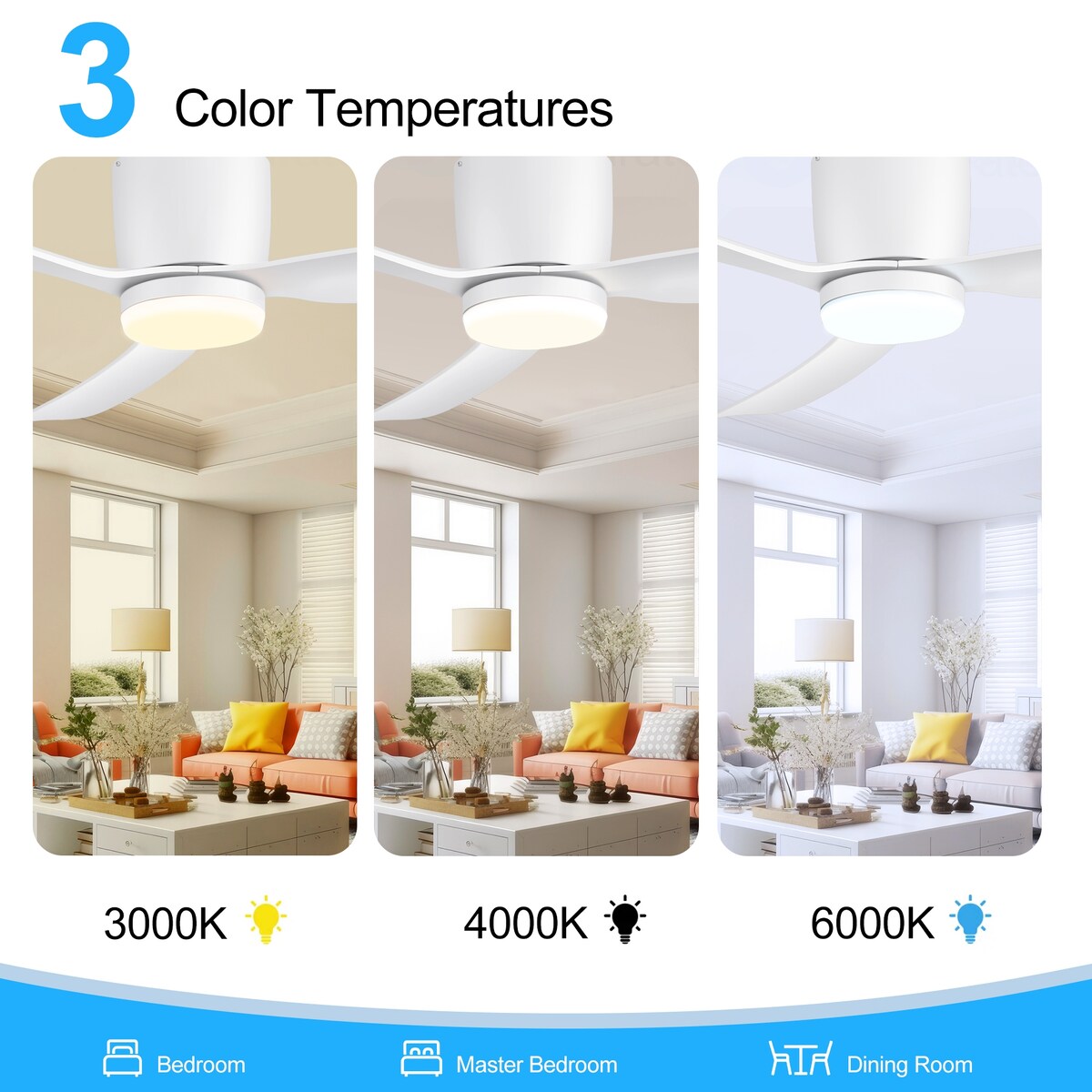 Ventilateur de plafond LED à encastrer de 52 pouces noir/blanc avec éclairage et télécommande (3 pales)