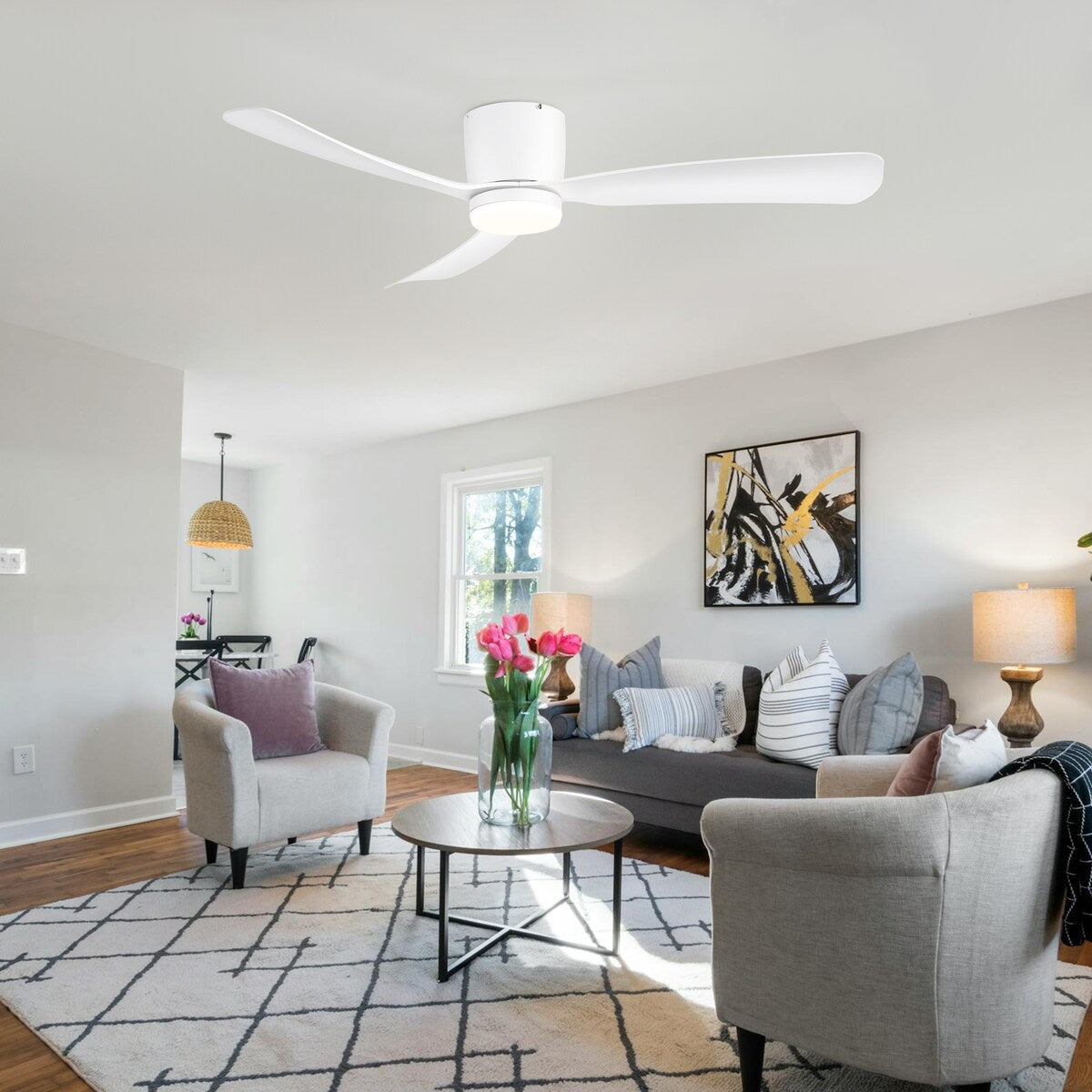 Ventilateur de plafond LED à encastrer de 52 pouces noir/blanc avec éclairage et télécommande (3 pales)