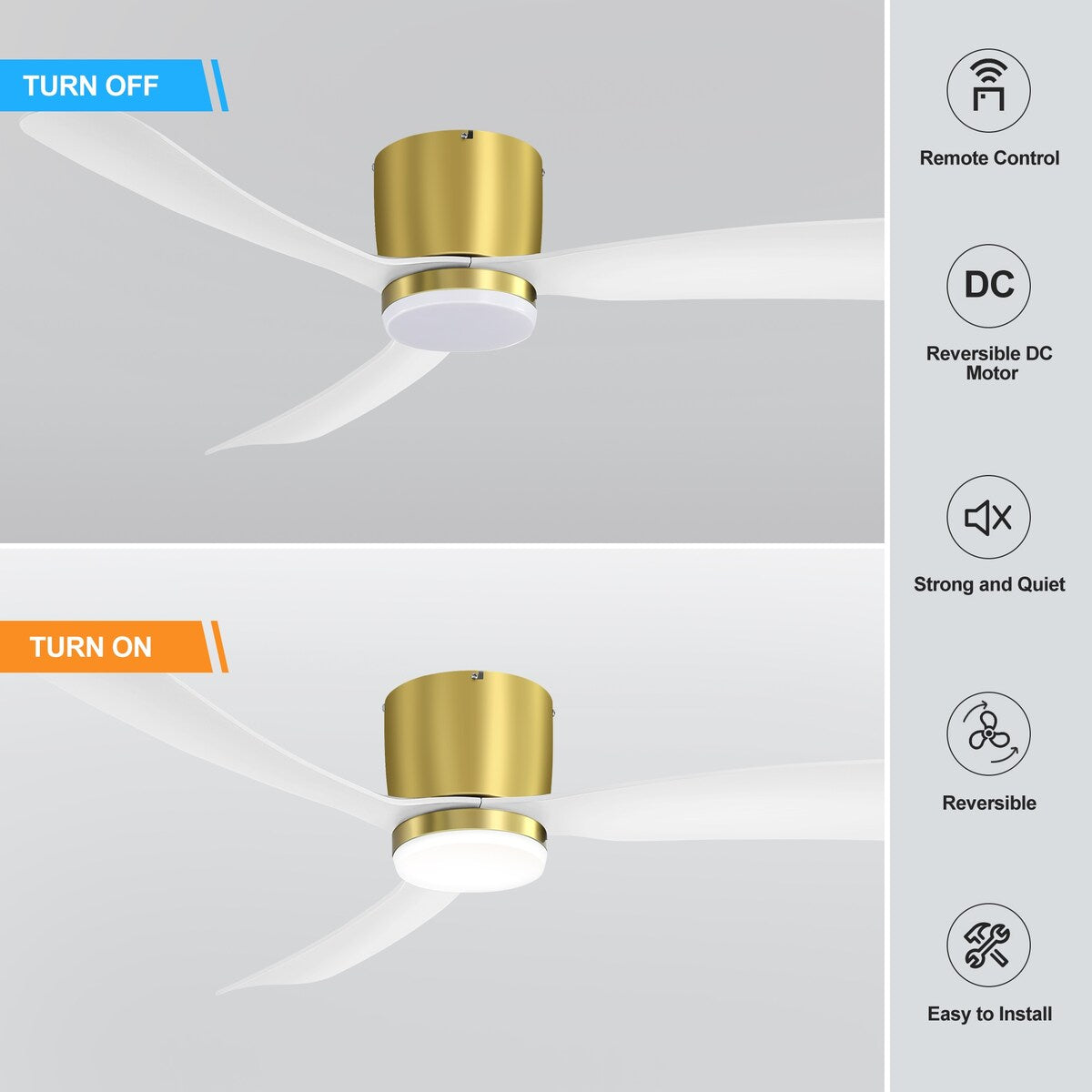 Ventilateur de plafond LED à encastrer de 52 pouces noir/blanc avec éclairage et télécommande (3 pales)