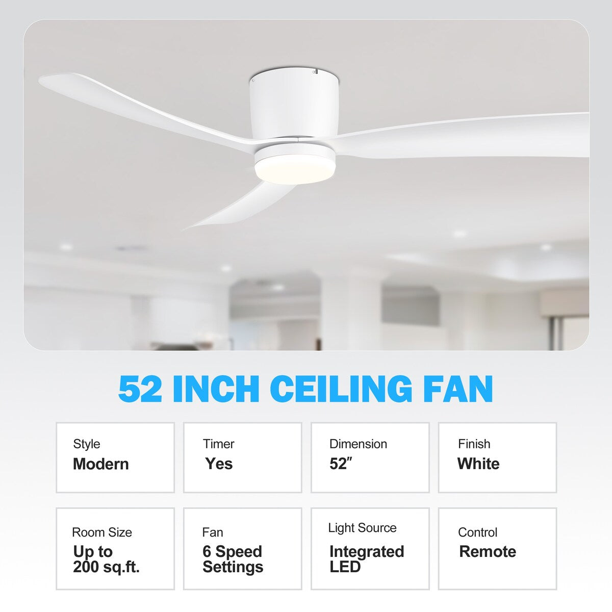 Ventilateur de plafond LED à encastrer de 52 pouces noir/blanc avec éclairage et télécommande (3 pales)