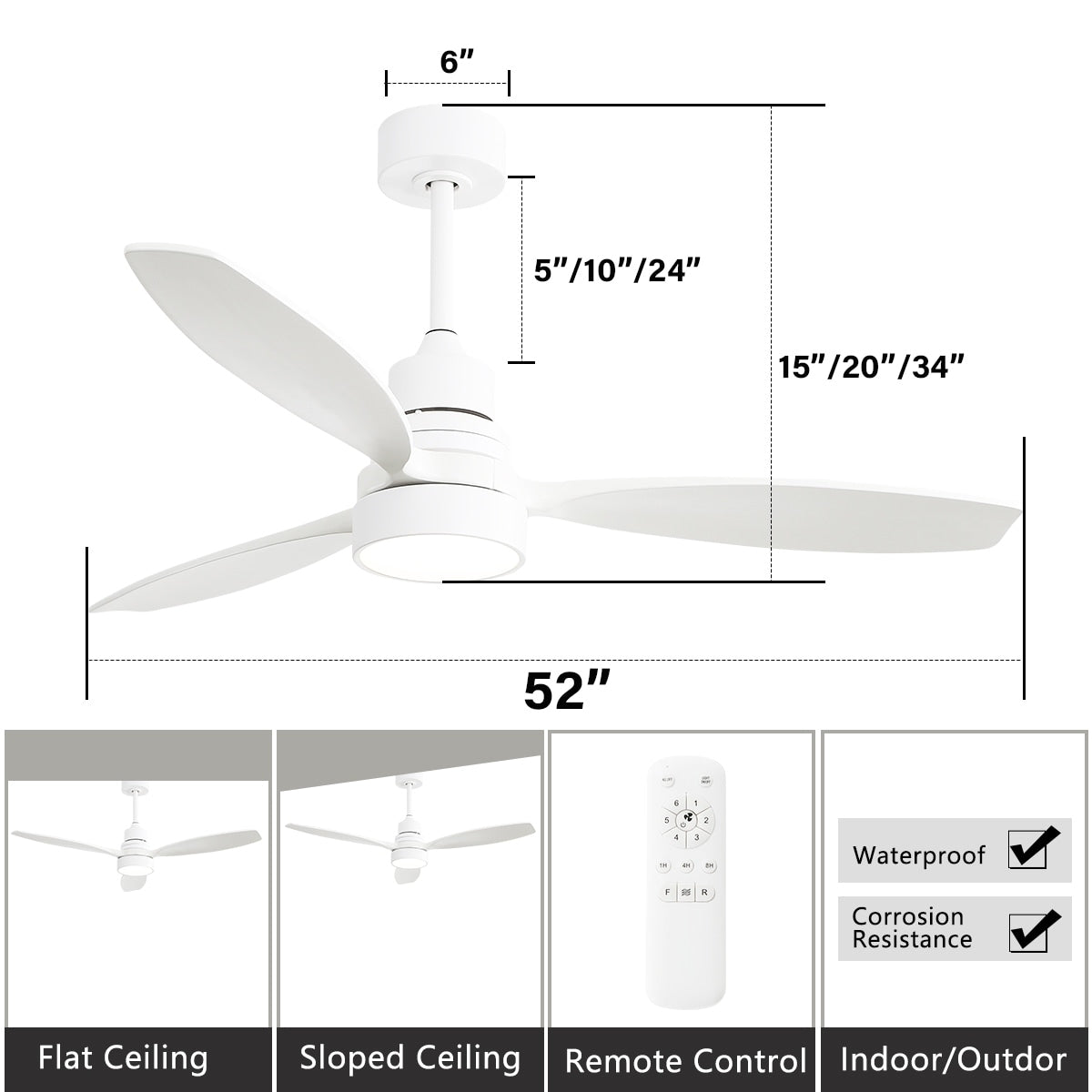 Ventilateur de plafond à LED intégré de 48 et 52 pouces avec éclairage et télécommande, moteur à courant continu réversible.