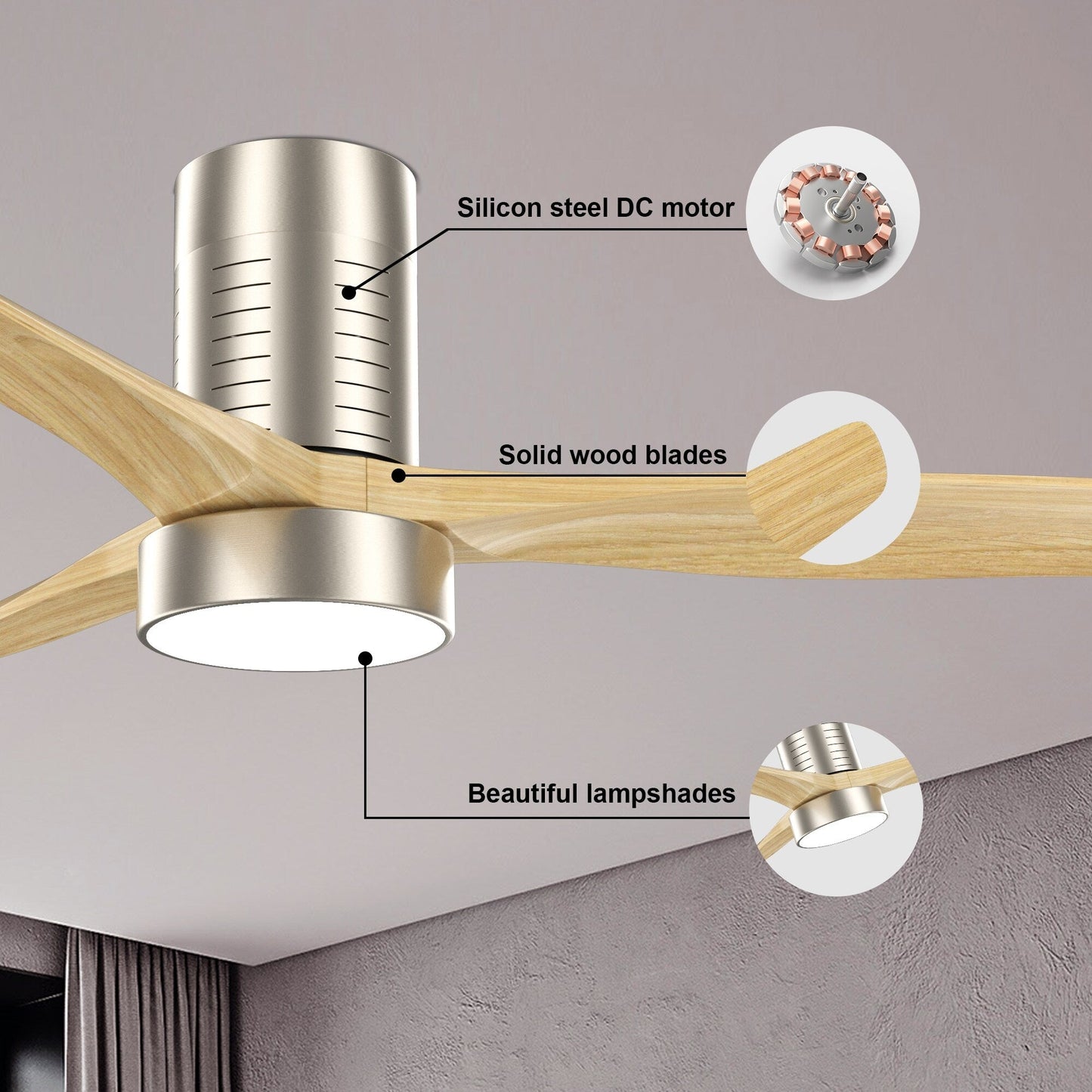 Ventilateur de plafond encastré de 52 pouces de style farmhouse avec éclairage et télécommande, moteur DC réversible.
