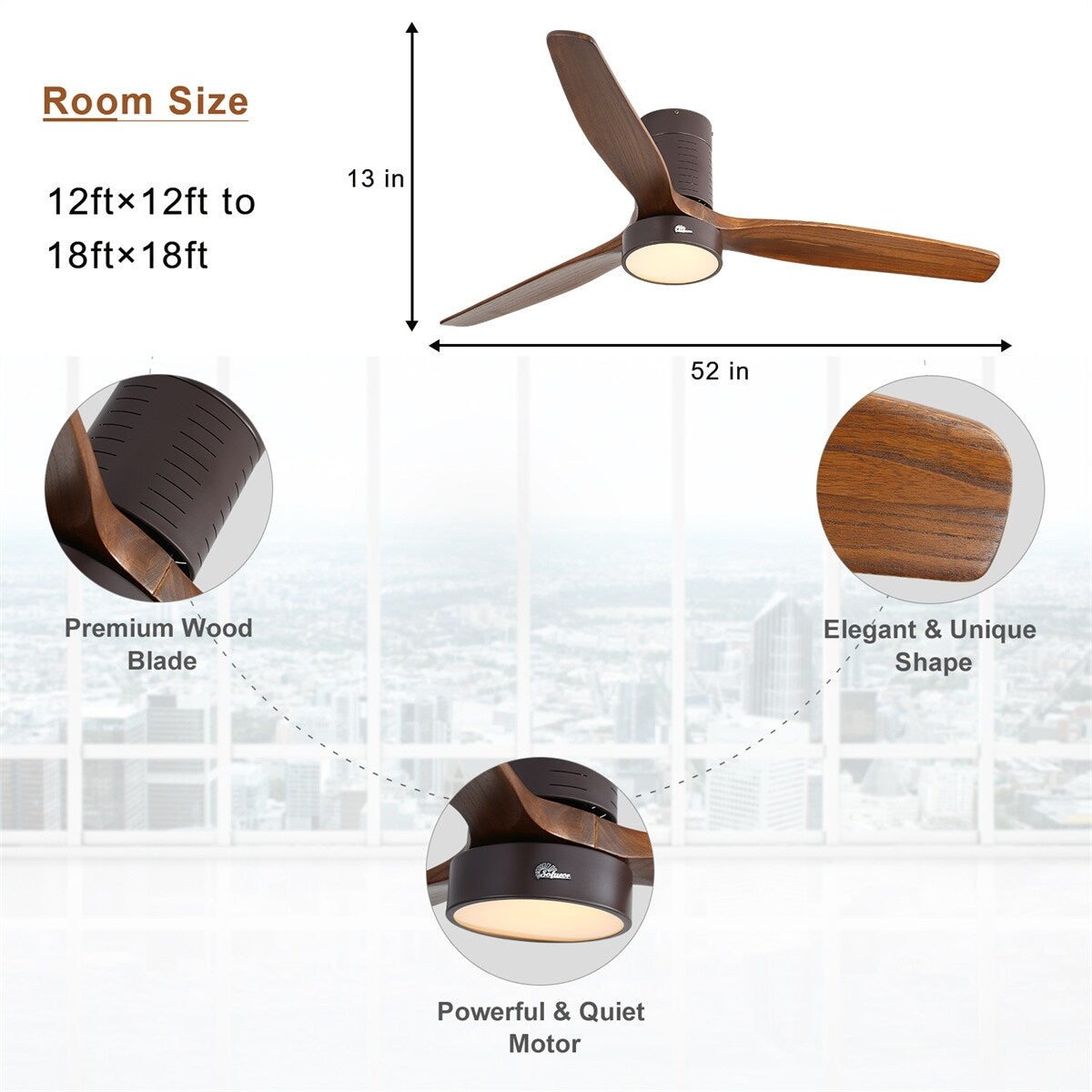 Ventilateur de plafond encastré de 52 pouces de style farmhouse avec éclairage et télécommande, moteur DC réversible.