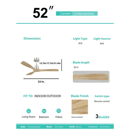 Ventilateur de plafond intérieur en bois Sofucor 52 avec télécommande, éclairage intégré en option.