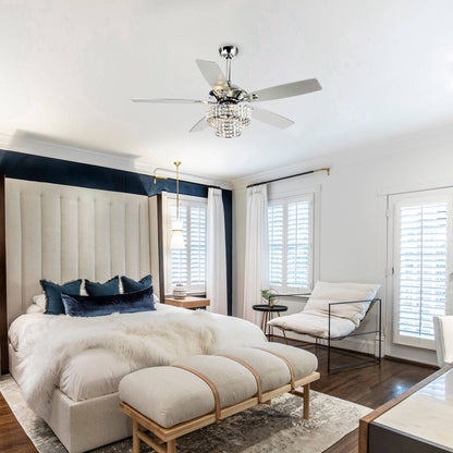 Ventilateur de plafond moderne à 5 pales en bois chromé de 52 pouces avec télécommande et cristaux.