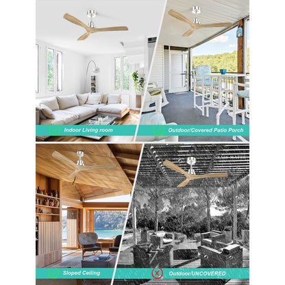 Ventilateur de plafond moderne de 52 pouces en bois massif/ABS avec télécommande (sans éclairage), 6 vitesses de ventilation, flux d'air réversible.