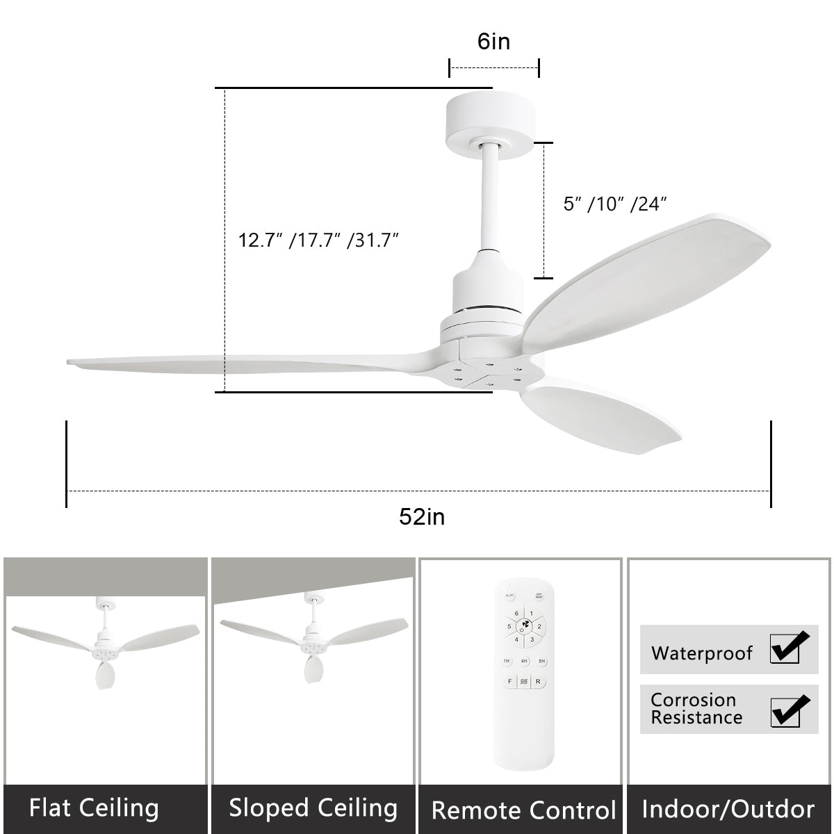 Ventilateur de plafond moderne de 52 pouces en bois massif/ABS avec télécommande (sans éclairage), 6 vitesses de ventilation, flux d'air réversible.