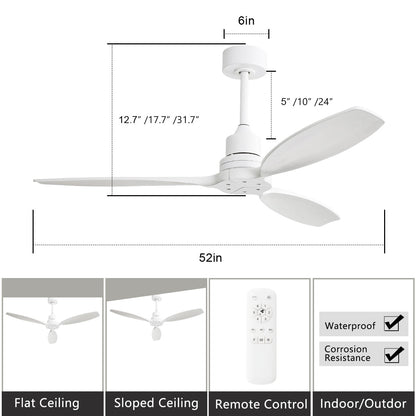 Ventilateur de plafond moderne de 52 pouces en bois massif/ABS avec télécommande (sans éclairage), 6 vitesses de ventilation, flux d'air réversible.