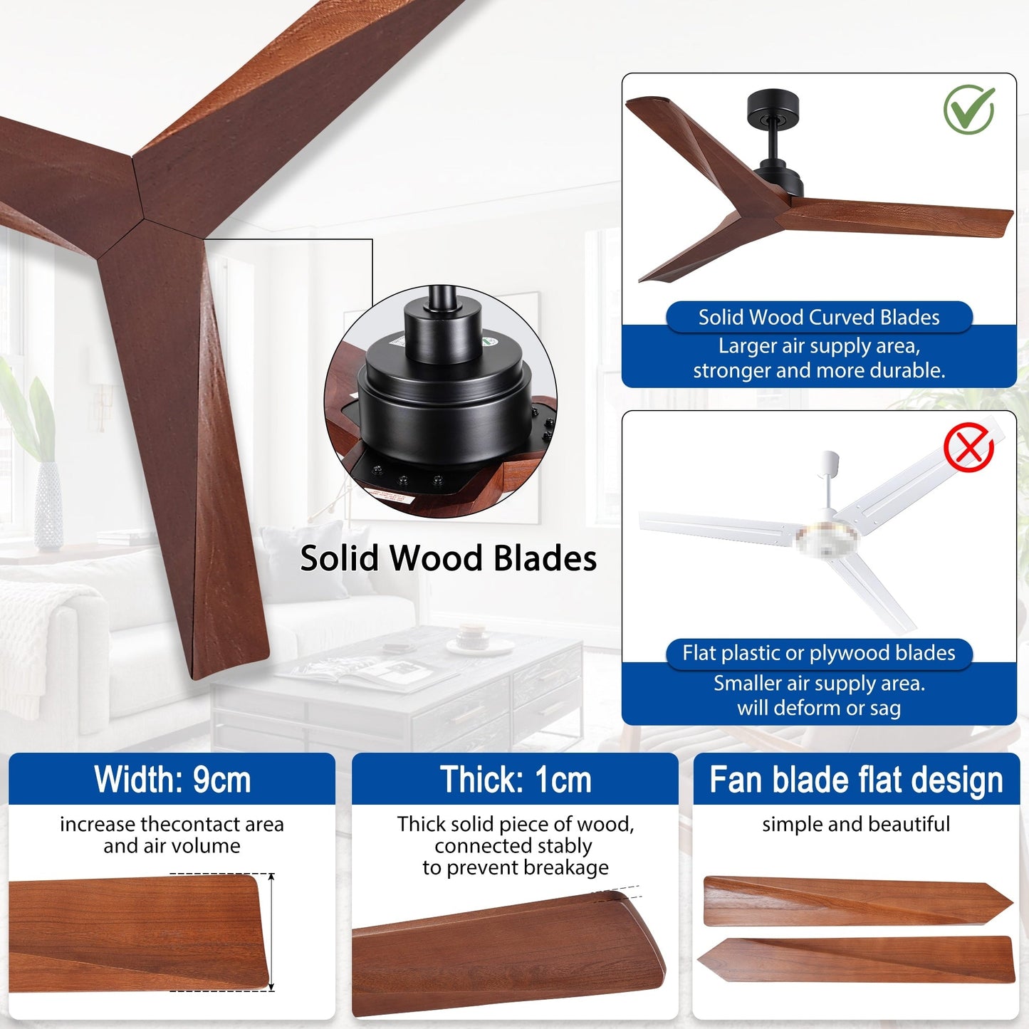 Ventilateur de plafond moderne de 52 pouces en bois massif/ABS avec télécommande (sans éclairage), 6 vitesses de ventilation, flux d'air réversible.