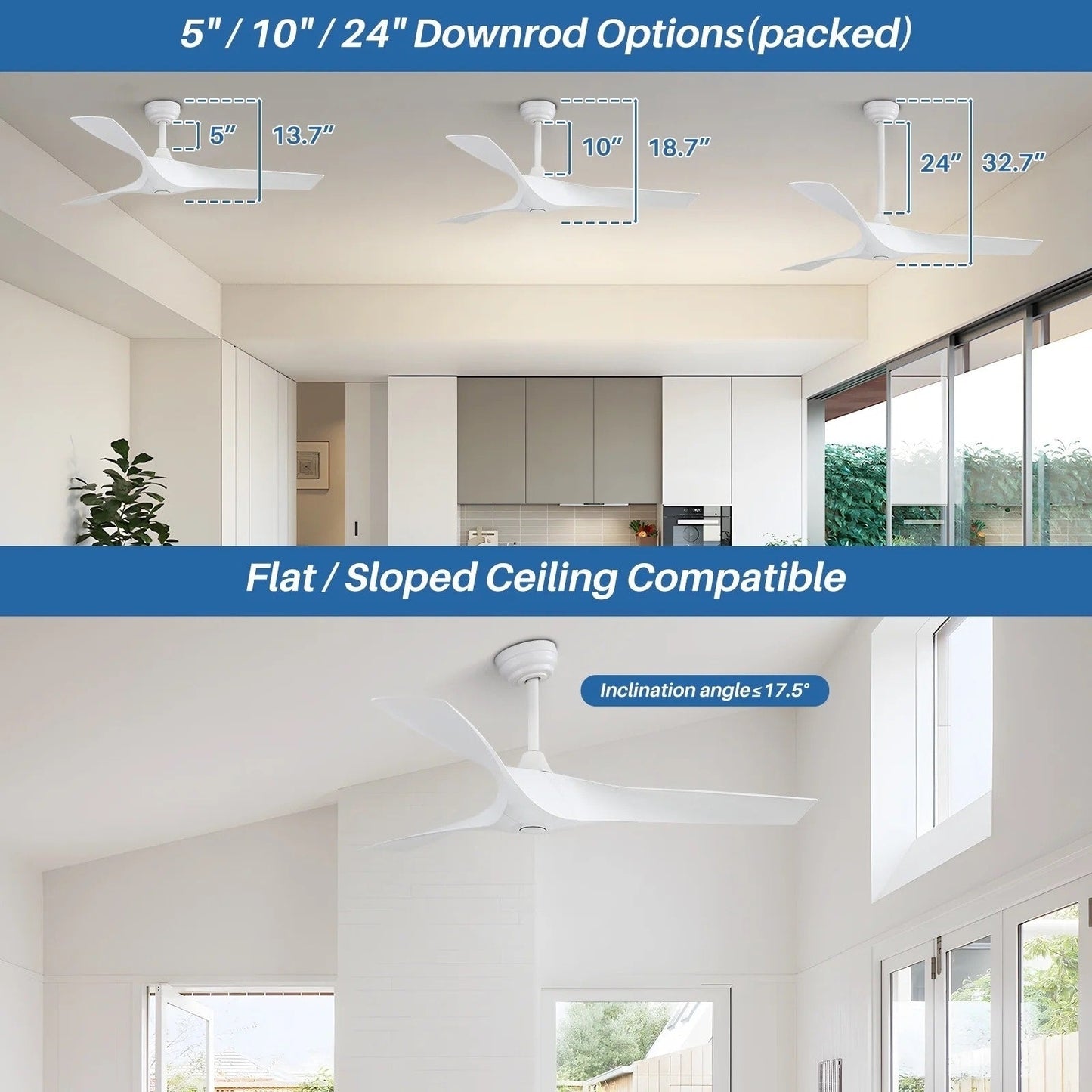 Ventilateur de plafond moderne de 52 pouces en bois massif/ABS avec télécommande (sans éclairage), 6 vitesses de ventilation, flux d'air réversible.