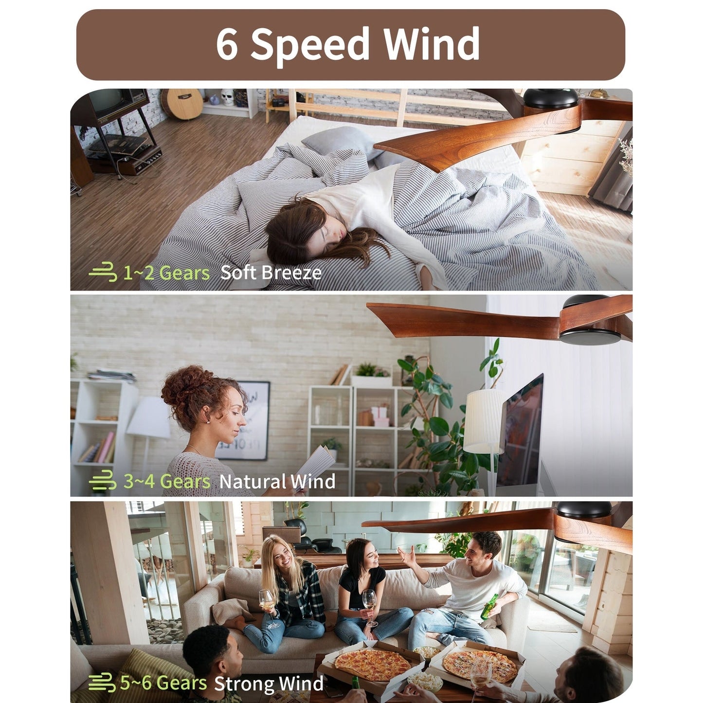 Ventilateur de plafond moderne de 52 pouces en bois massif/ABS avec télécommande (sans éclairage), 6 vitesses de ventilation, flux d'air réversible.