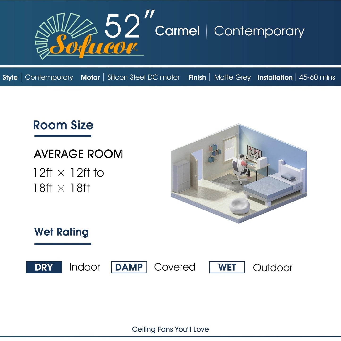 Ventilateur de plafond moderne de 52 pouces en bois massif/ABS avec télécommande (sans éclairage), 6 vitesses de ventilation, flux d'air réversible.