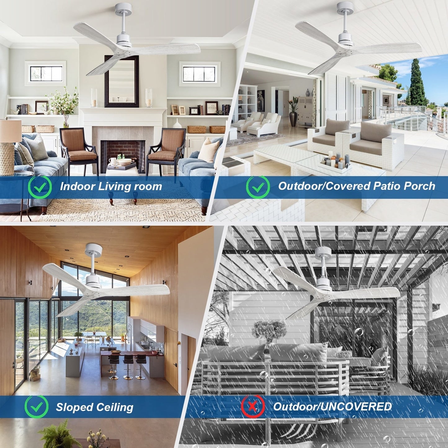 Ventilateur de plafond moderne de 52 pouces en bois massif/ABS avec télécommande (sans éclairage), 6 vitesses de ventilation, flux d'air réversible.