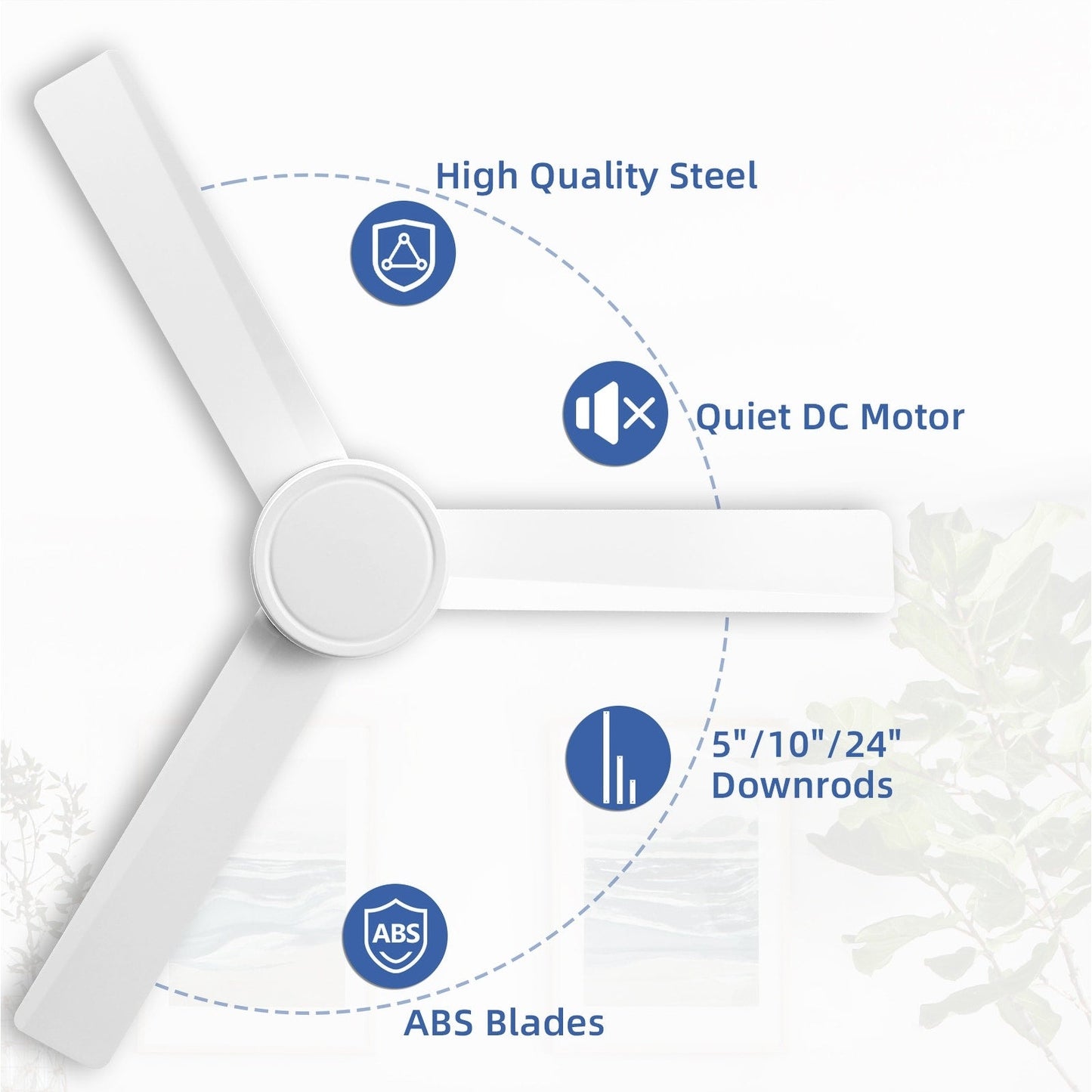 Ventilateur de plafond moderne de 52 pouces en bois massif/ABS avec télécommande (sans éclairage), 6 vitesses de ventilation, flux d'air réversible.